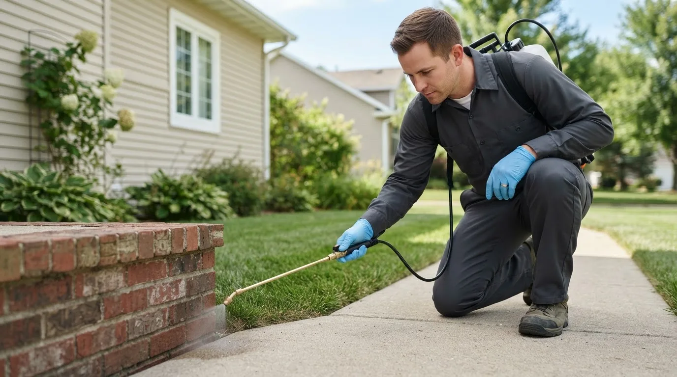 Pest control technician treating a home near Peotone, IL